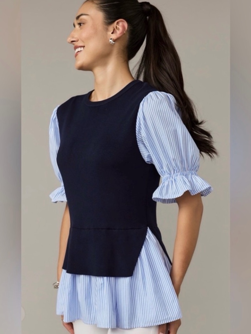 Nina Twofer Striped Half-sleeve blouse